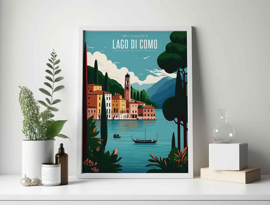 Framed Image of Colourful Italian Lake Como Travel Illustration Wall Art Poster Print