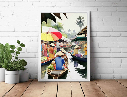 Framed Image of Thai Floating Market Watercolour Wall Art Poster Print