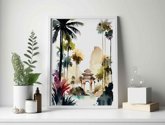 Framed Image of Tropical Island Temple Watercolour Wall Art Poster Print