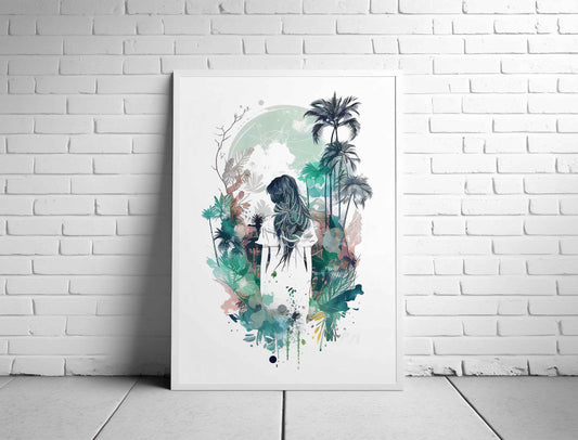 Framed Image of Boho Girl in Tropical Garden Illustration Wall Art Poster Print