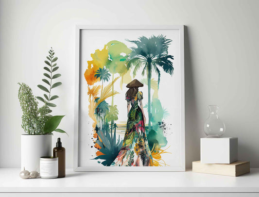 Framed Image of Boho Girl in Tropical Dress Illustration Wall Art Poster Print