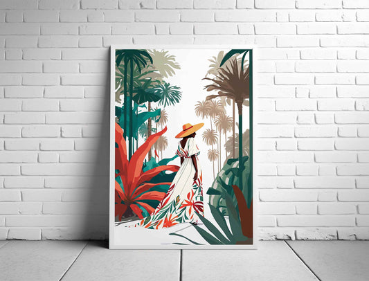 Framed Image of Black Boho Girl in Tropical Dress Illustration Wall Art Poster Print
