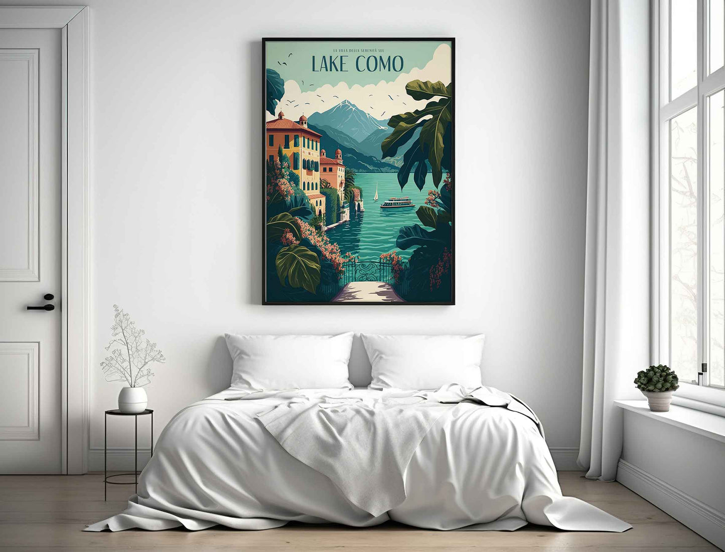 Framed Image of Retro Lake Como Italy Travel Illustration Wall Art Poster Print