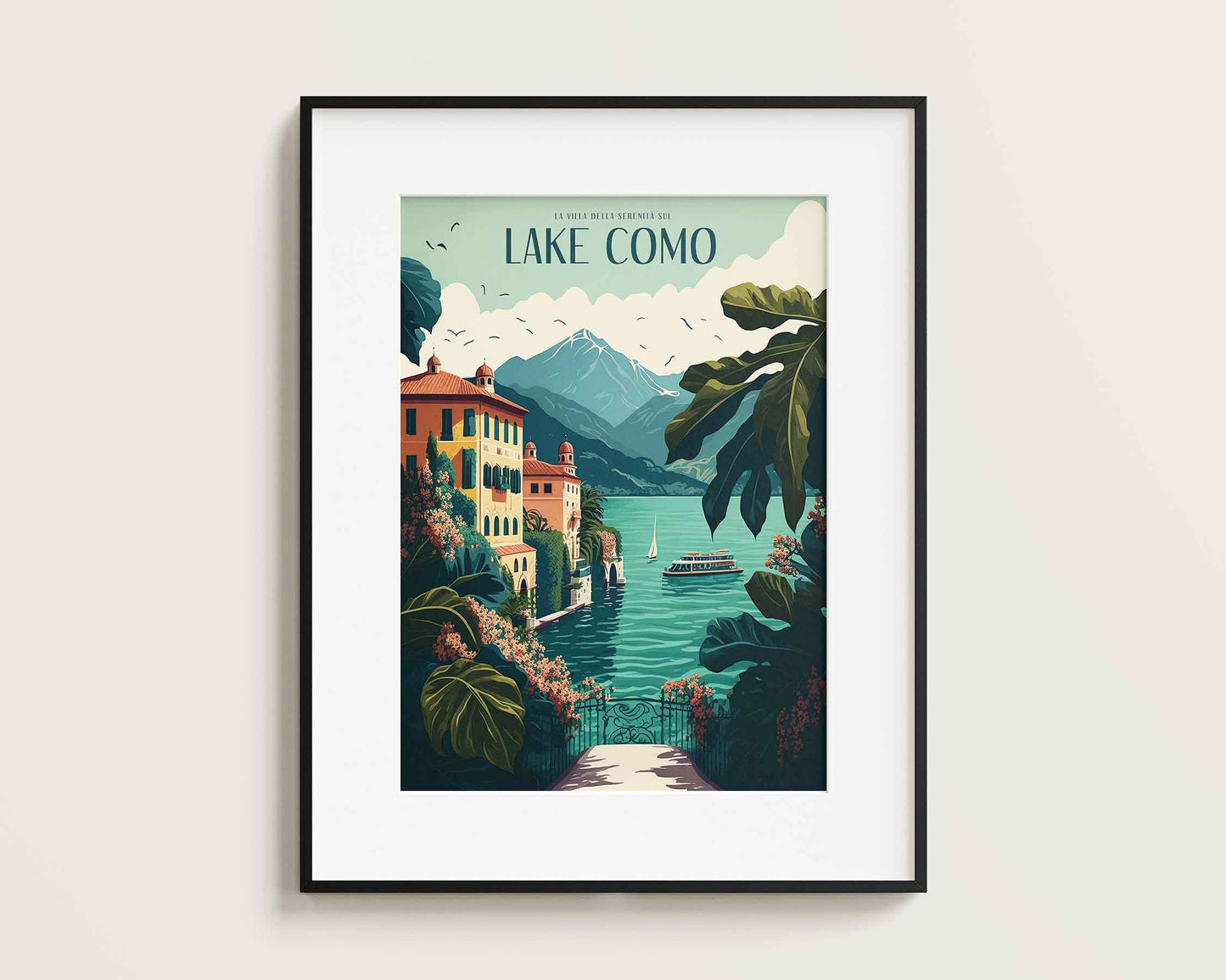 Framed Image of Retro Lake Como Italy Travel Illustration Wall Art Poster Print