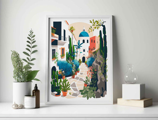 Framed Image of Streets of Santorini Travel Illustration Wall Art Poster Print
