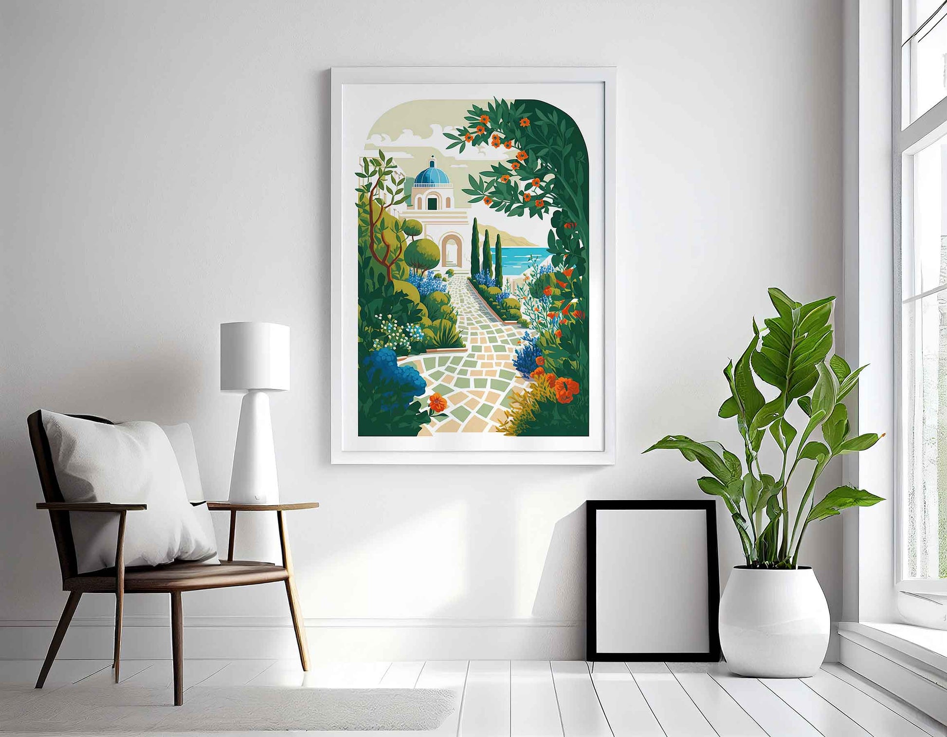 Framed Image of Greek Summer Garden in Bloom Illustration Wall Art Poster Print