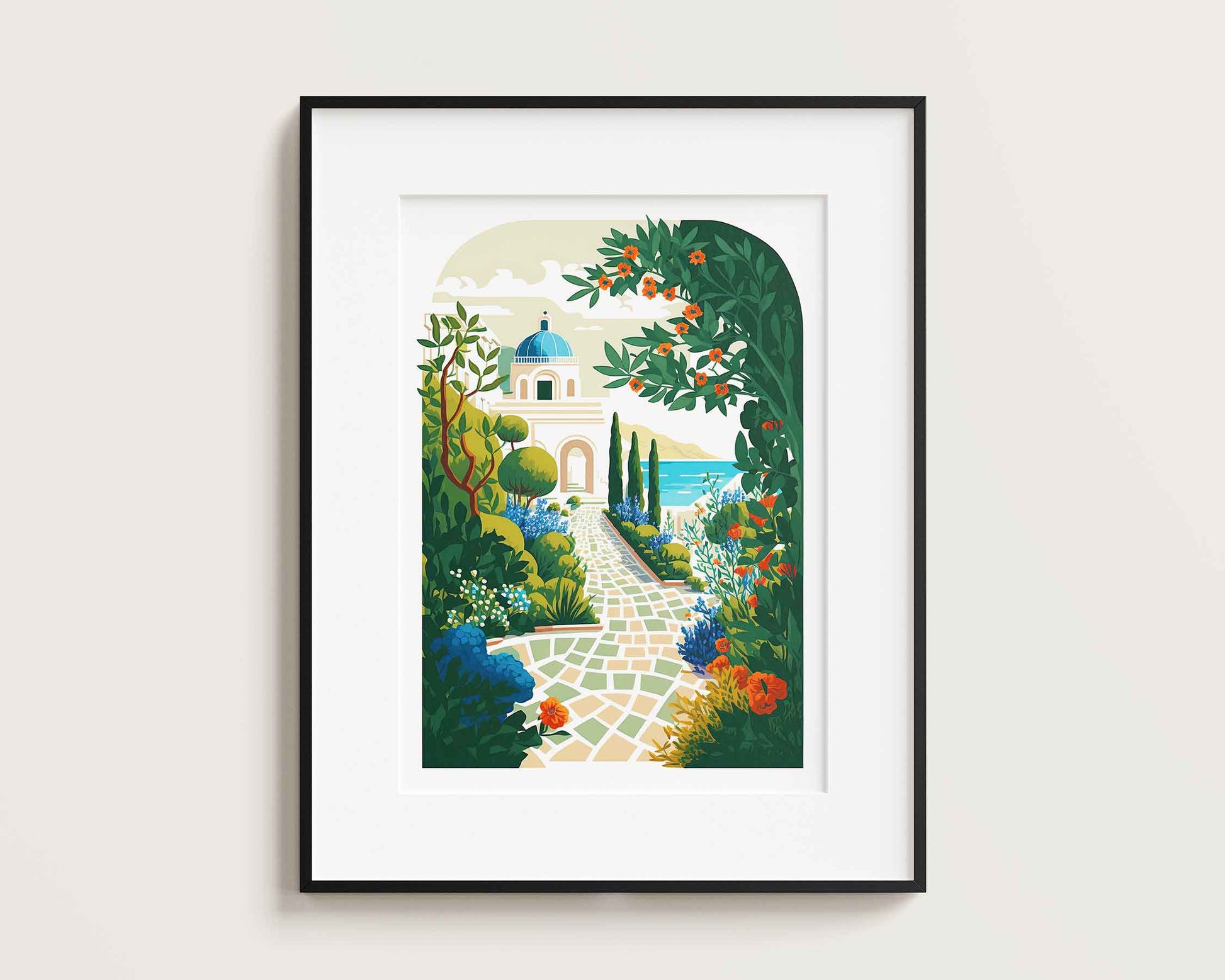 Framed Image of Greek Summer Garden in Bloom Illustration Wall Art Poster Print