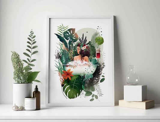 Framed Image of Boho Bathroom Girl Tropical Bath and Wine Wall Art Poster Print