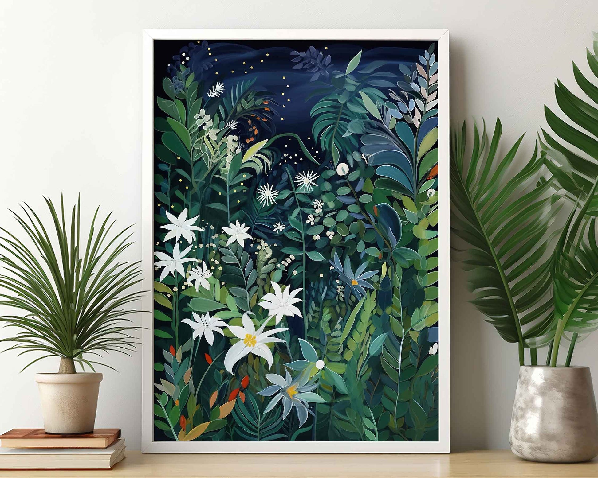 Framed Image of Wall Art Poster Print Night Tropical Flowers and Leaves Naive Style
