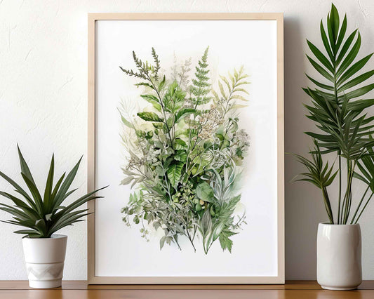 Framed Image of Botanical Wall Poster Art of Ferns and Eucalyptus Leaf Paintings