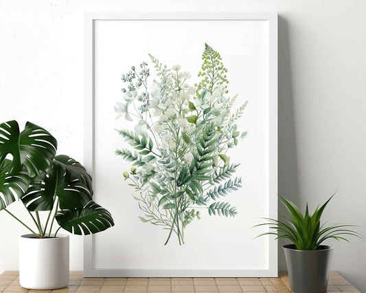 Framed Image of Botanical Art Wall Poster of Ferns and Eucalyptus Leaf Paintings