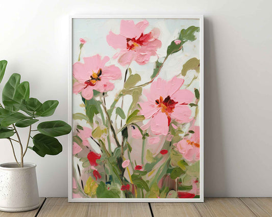 Framed Image of Vintage Abstract Pink Flowers Oil Paintings Wall Art Poster Print Gift