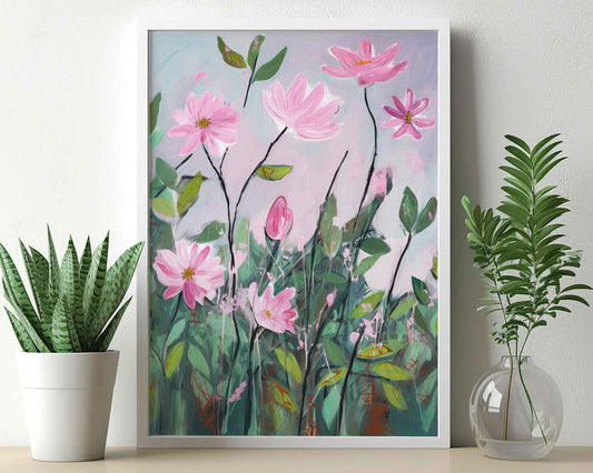 Framed Image of Vintage Pink Flowers Abstract Oil Paintings Wall Art Poster Print Gift