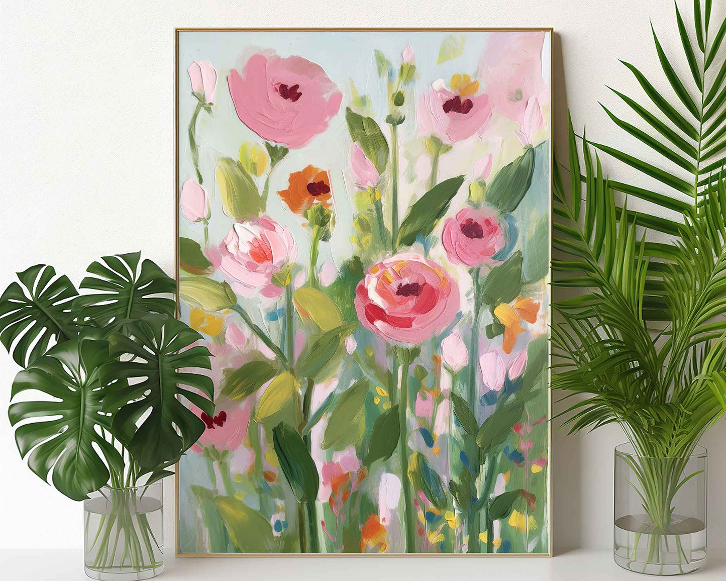Framed Image of Pink Flowers Vintage Abstract Oil Paintings Wall Art Poster Print Gift