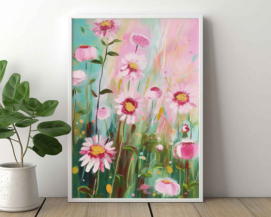 Framed Image of Abstract Pink Flowers Vintage Oil Paintings Wall Art Print Poster Gift