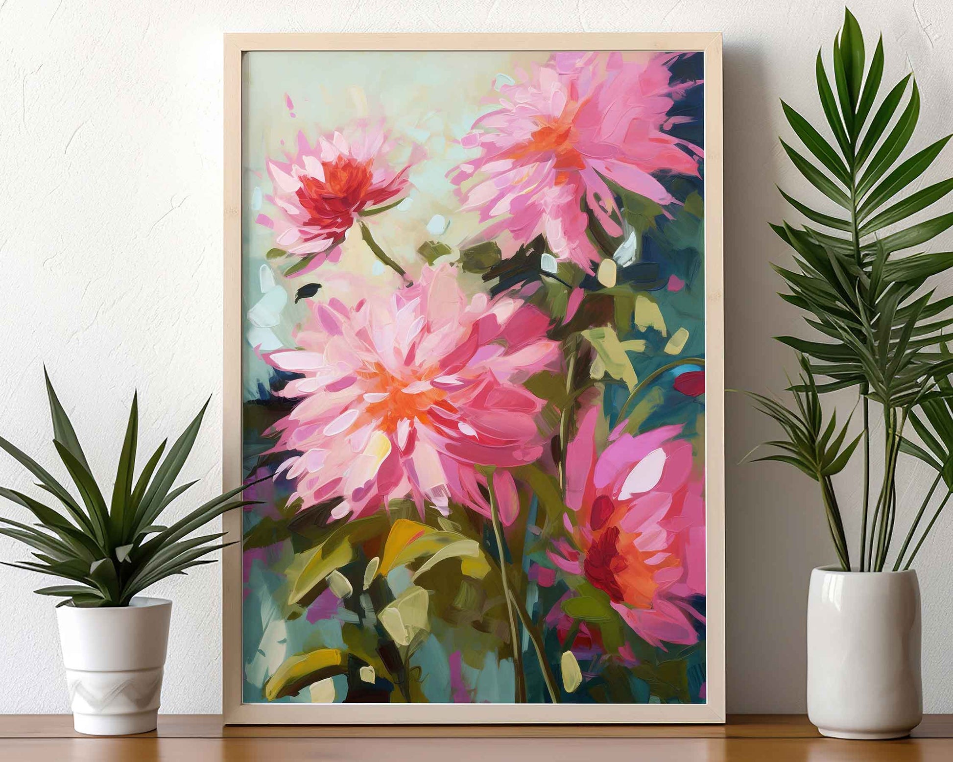 Framed Image of Abstract Vintage Pink Flowers Oil Paintings Wall Art Print Poster Gift