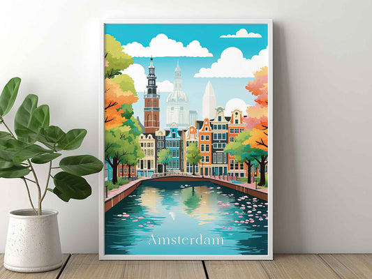 Framed Image of Amsterdam Holland Travel Poster Wall Art Print Illustration