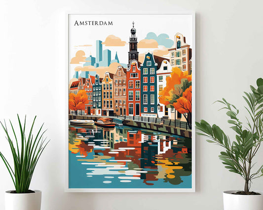 Framed Image of Amsterdam Holland Travel Print Wall Art Poster Illustration