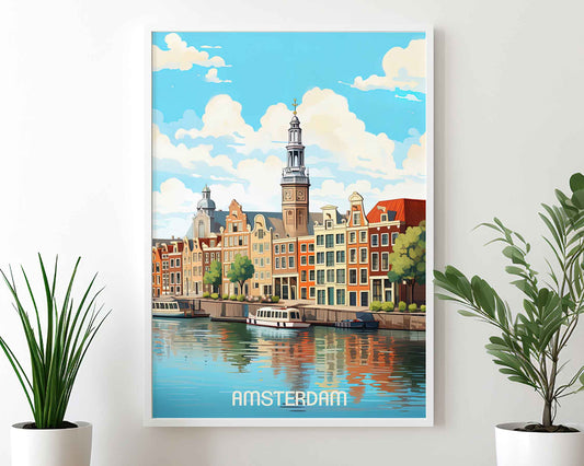 Framed Image of Amsterdam Travel Art Print Holland Wall Poster Illustration