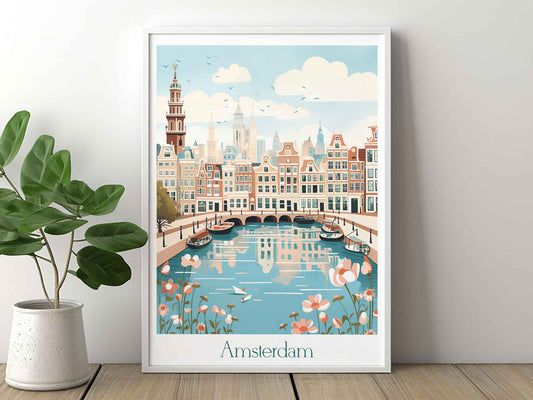 Framed Image of Amsterdam Poster Travel Wall Art Print Holland Illustration