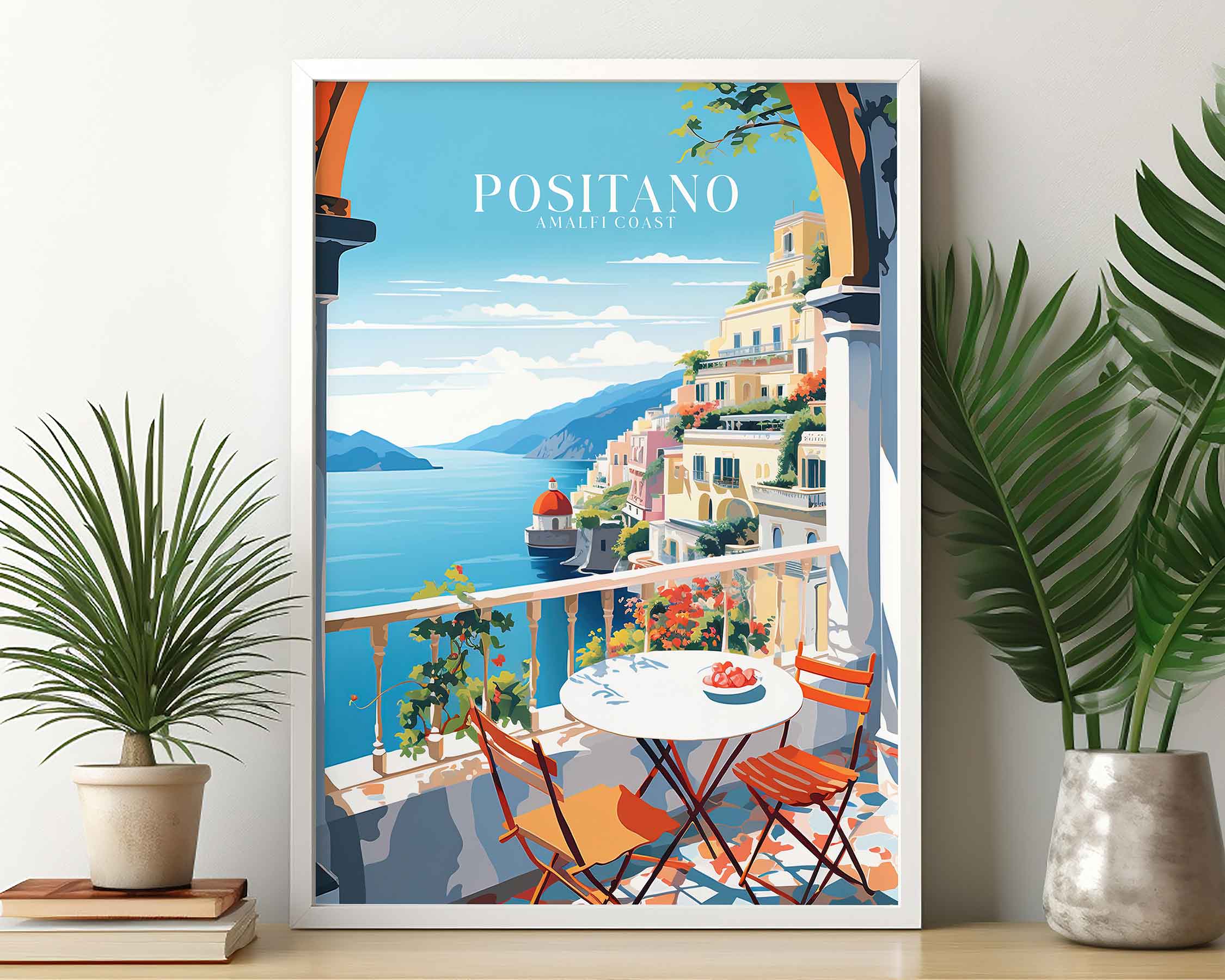 Framed Image of Positano Italy Travel Poster Prints Illustration Wall Art