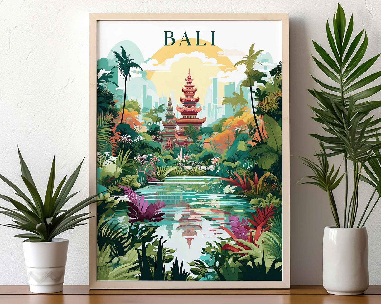Framed Image of Bali Indonesia Travel Poster Prints Wall Art Illustration
