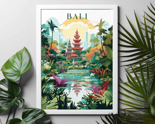 Framed Image of Bali Indonesia Travel Poster Prints Wall Art Illustration