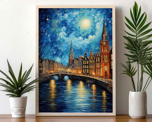 Framed Image of Van Gogh Style Starry Night in Amsterdam Wall Art Print Poster