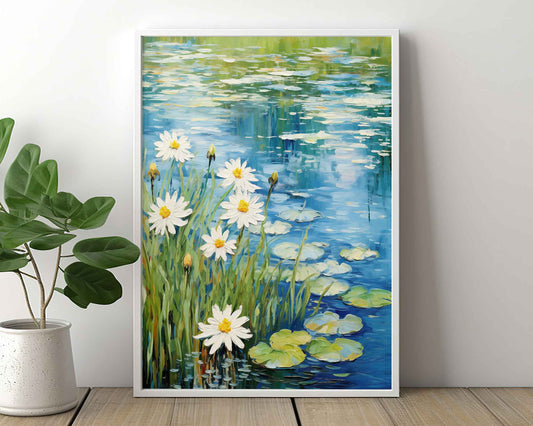 Framed Image of Monet Style Field of Daisies and Pond Wall Art Print Poster