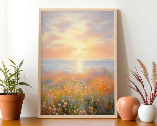 Framed Image of Monet Style Soft Sunrise Over Tulip Field Wall Art Print Poster