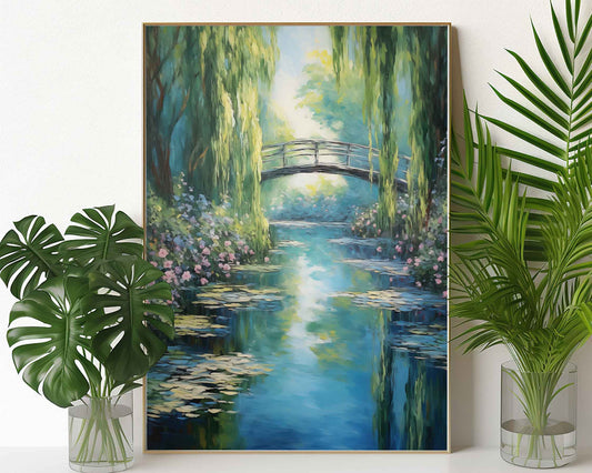 Framed Image of Monet Style Bridge With Pink Flowers Wall Art Print Poster