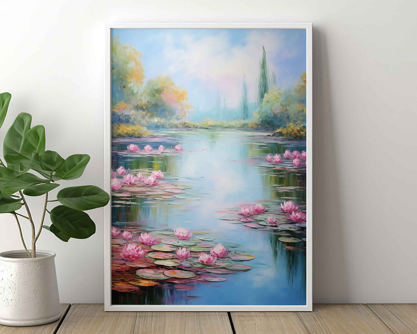 Framed Image of Monet Style Lake With Pink Lilies Wall Art Print Poster