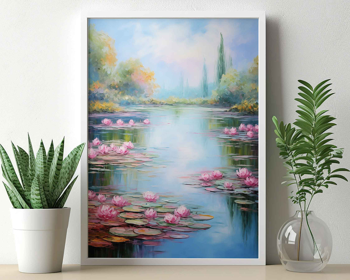 Framed Image of Monet Style Lake With Pink Lilies Wall Art Print Poster