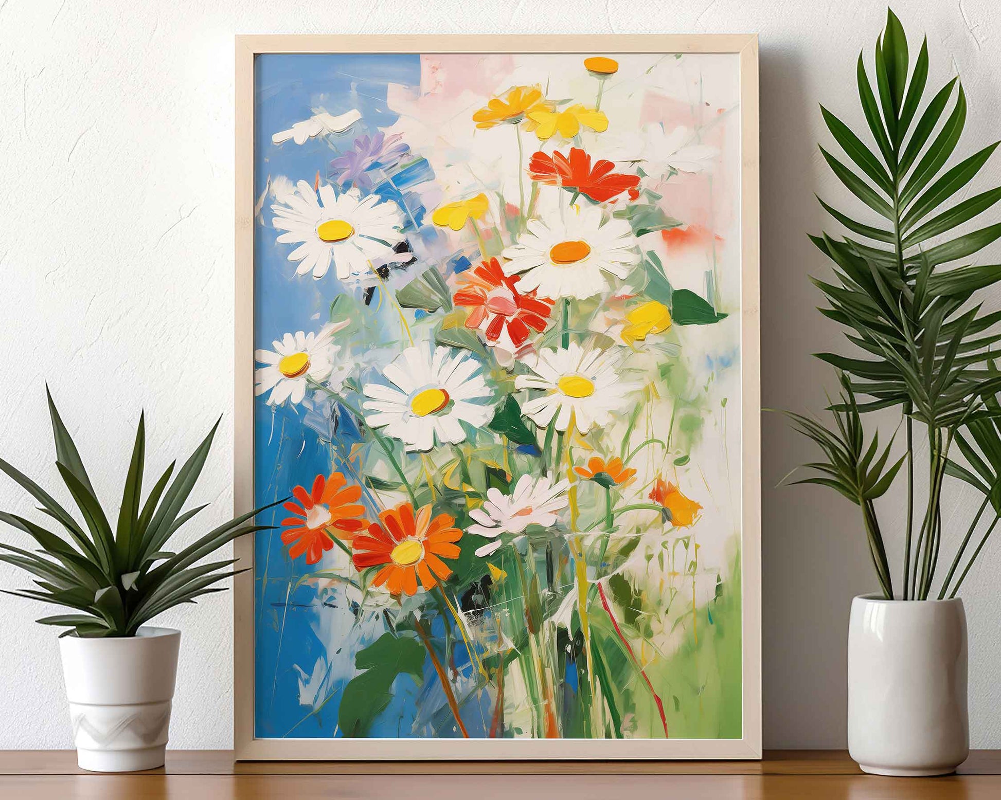 Framed Image of Abstract Expressionist Daisies Wall Art Print Poster
