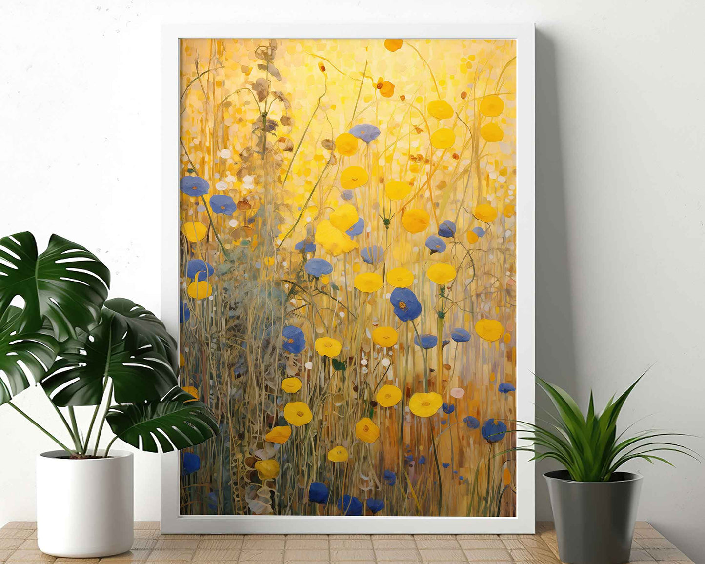 Framed Image of Gustav Klimt Style Yellow and Blue Flowers Wall Art Print Poster