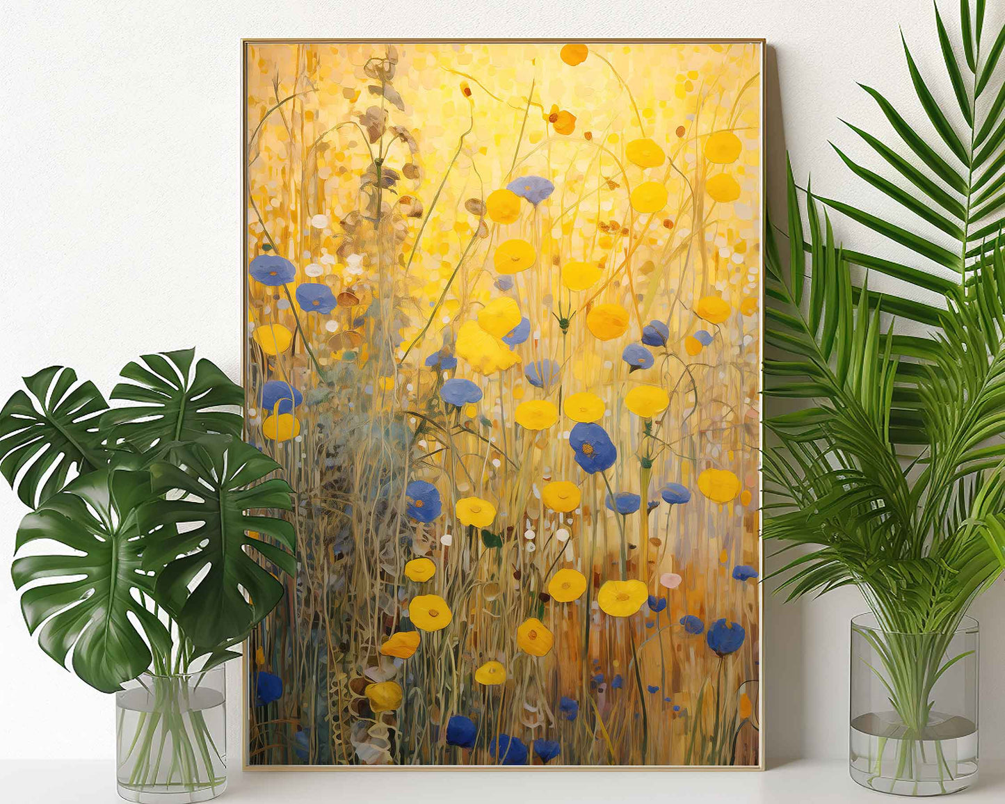 Framed Image of Gustav Klimt Style Yellow and Blue Flowers Wall Art Print Poster
