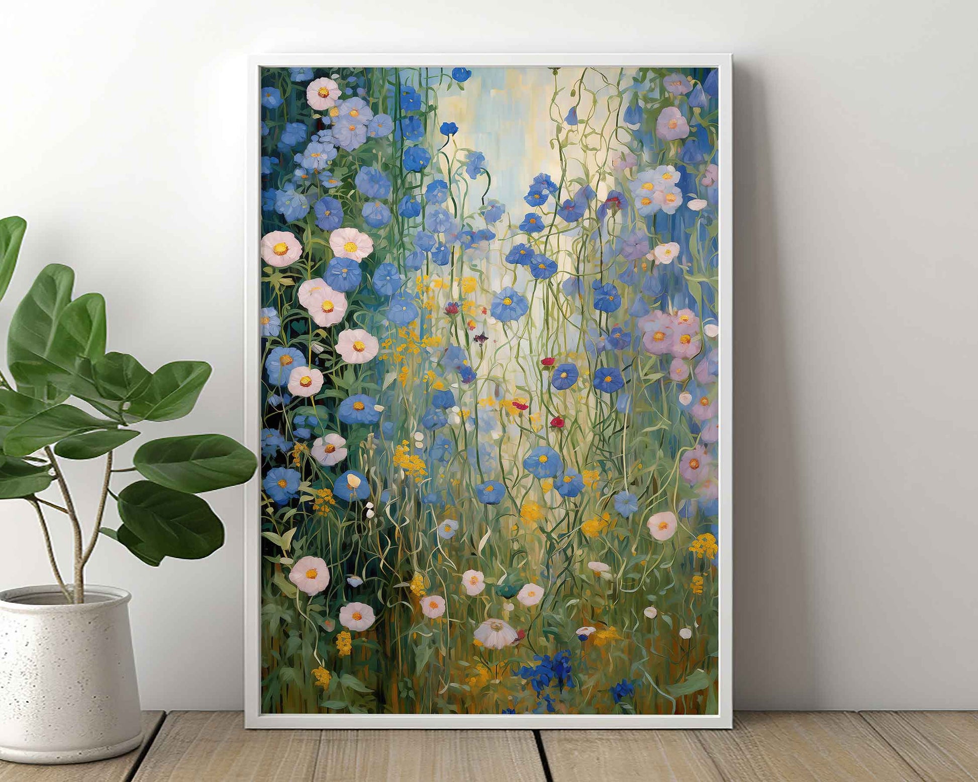 Framed Image of Gustav Klimt Style Blue and White Flowers Wall Art Print Poster
