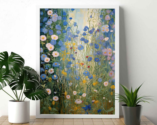 Framed Image of Gustav Klimt Style Blue and White Flowers Wall Art Print Poster