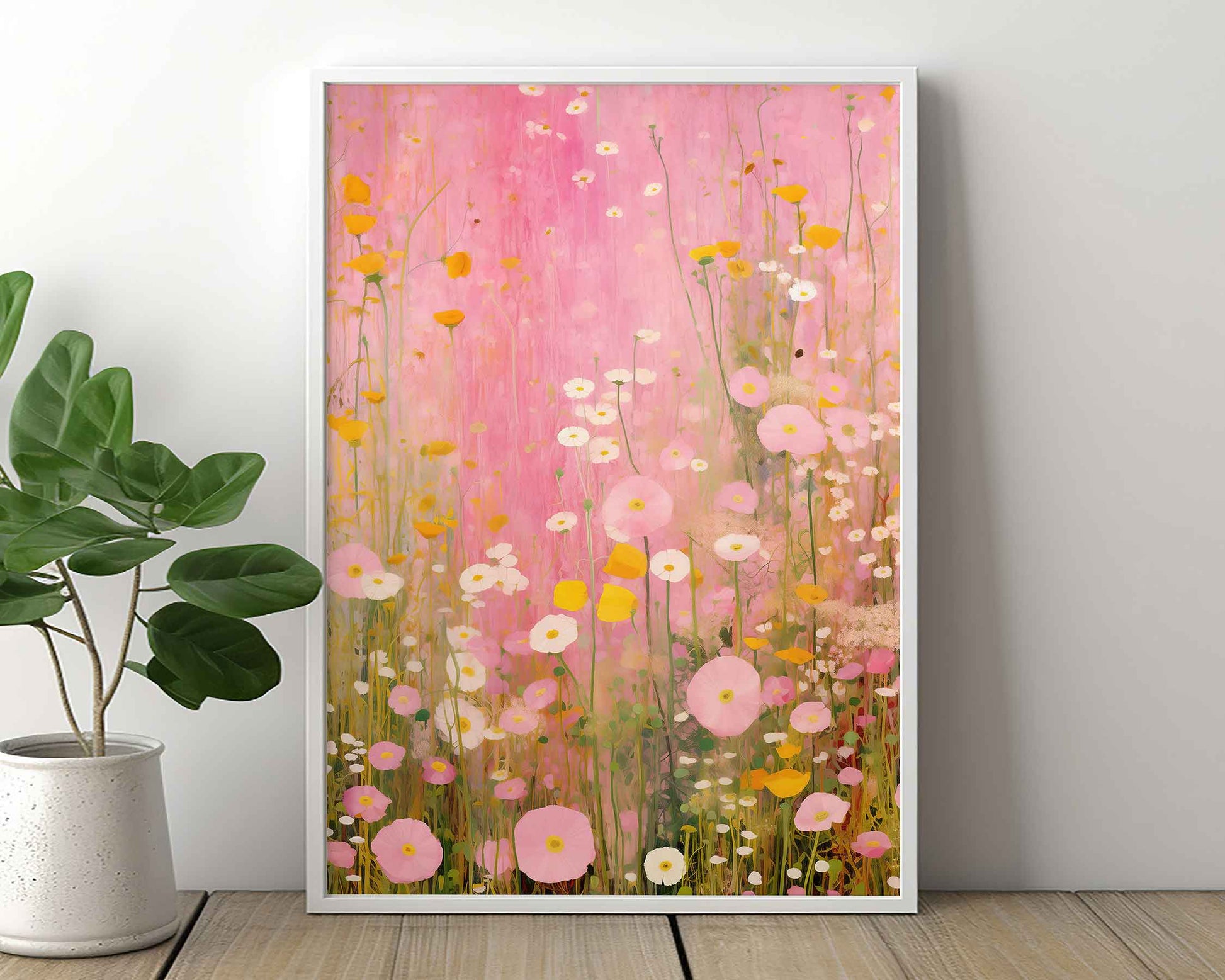 Framed Image of Gustav Klimt Style Pink Flowers Wall Art Print Poster