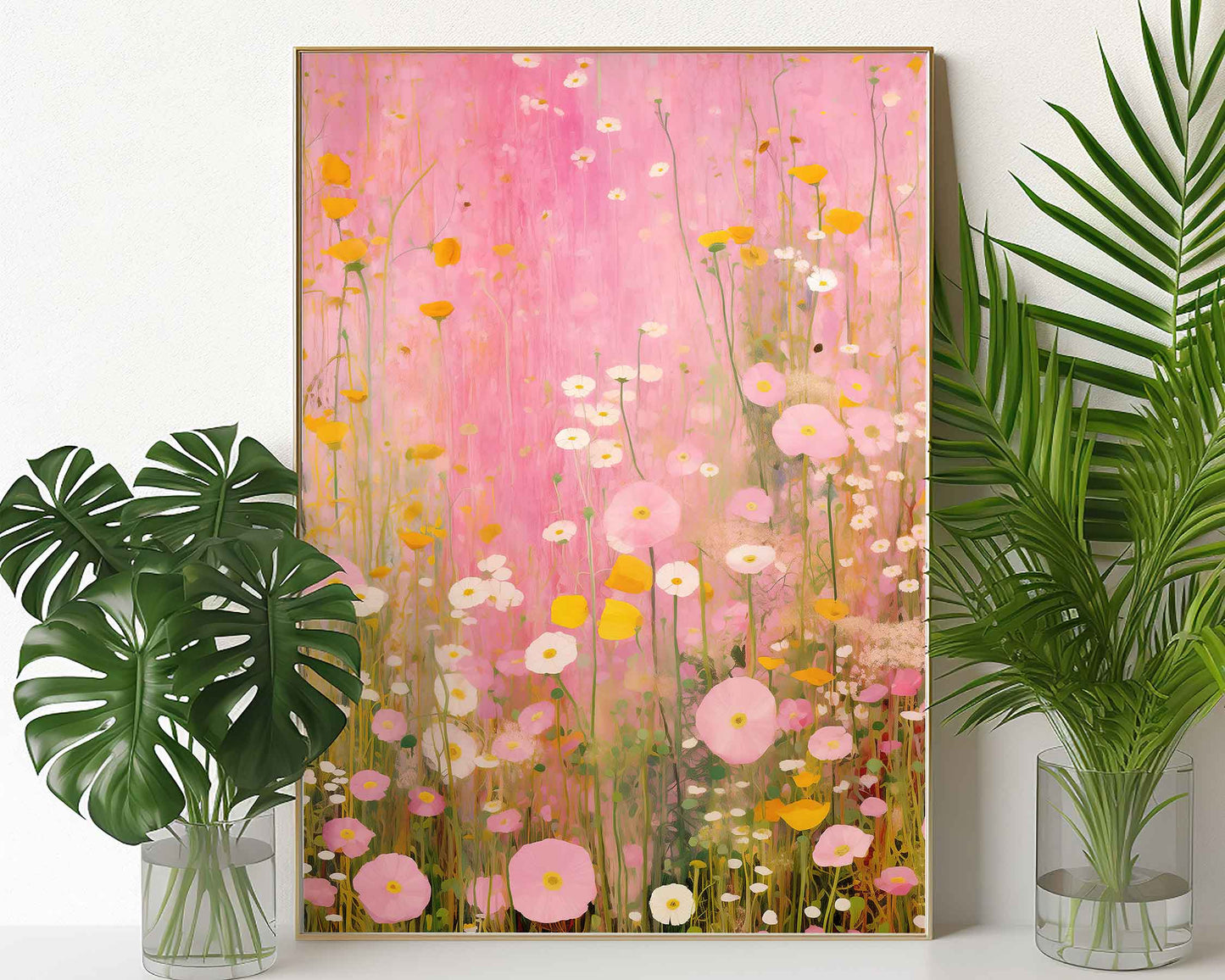 Framed Image of Gustav Klimt Style Pink Flowers Wall Art Print Poster