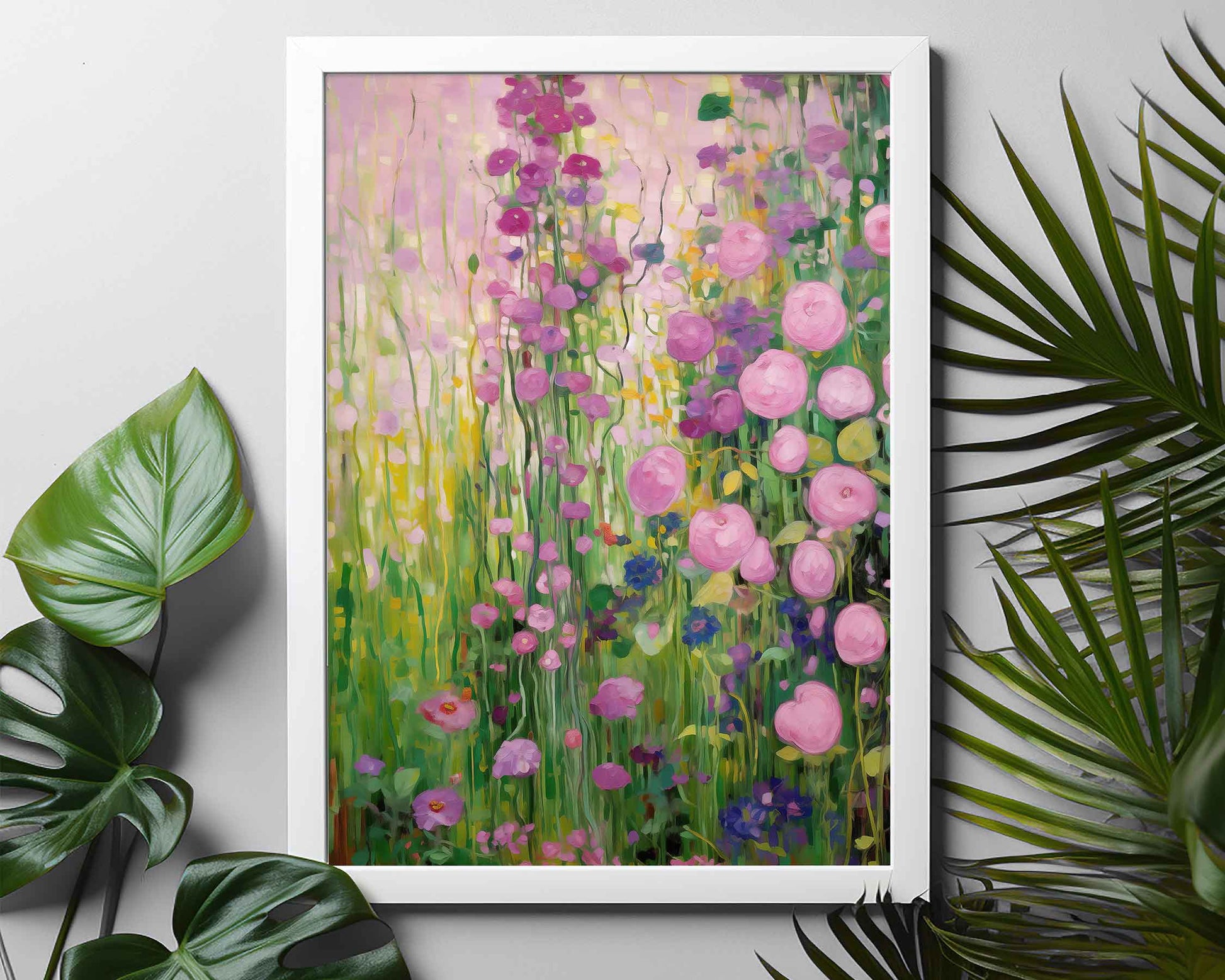 Framed Image of Gustav Klimt Style Pink and Purple Flowers Wall Art Print Poster