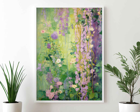 Framed Image of Gustav Klimt Style Purple Wisteria Flowers Wall Art Print Poster