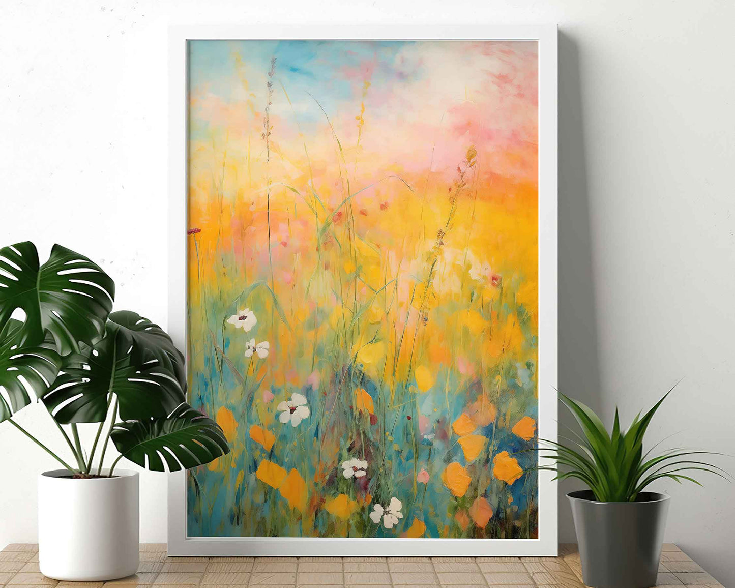Framed Image of Gauguin Style Yellow Summer Meadow Wall Art Print Poster